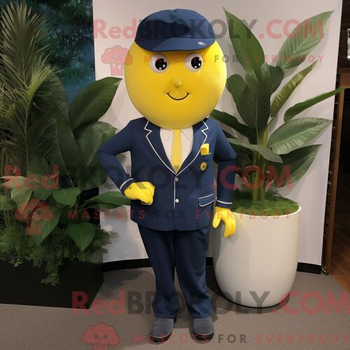 Costume De Mascotte Redbrokoly De Citron Bleu Marine Habillé D Un Pantalon Capri Et D Épingles À Cravate