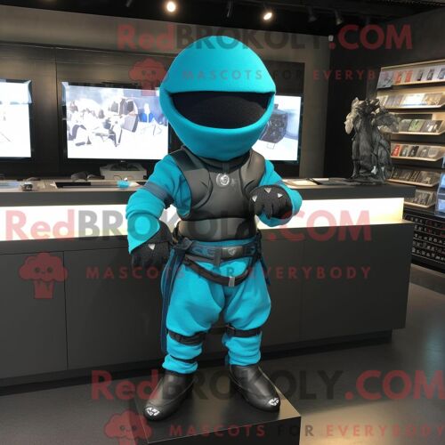 Personnage Mascotte Redbrokoly Cyan Ninja Habillé Avec Un Body Et Des Porte-Clés