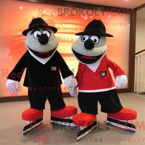 Personnage De Costume De Mascotte Redbrokoly De Paire De Patins À Glace Rouge Habillé D Un Smoking Et De Cravates