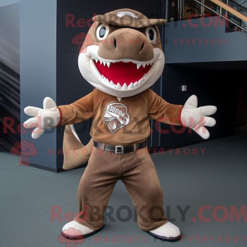 Personnage De Costume De Mascotte Redbrokoly D Ara Marron Habillé Avec Une Chemise En Flanelle Et Des Lacets De Chaussures