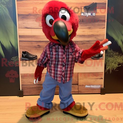 Personnage De Costume De Mascotte Redbrokoly D Ara Marron Habillé Avec Une Chemise En Flanelle Et Des Lacets De Chaussures