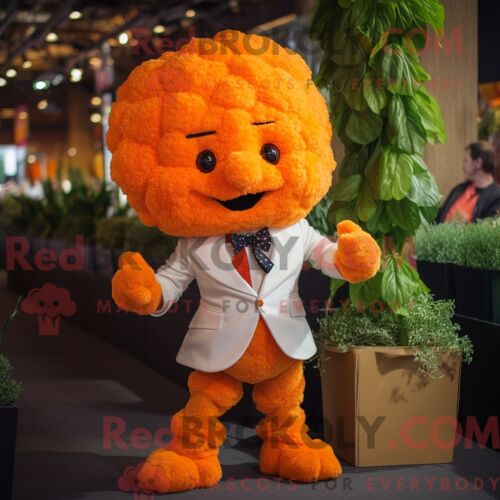 Mascotte Redbrokoly De Chou-Fleur Orange Personnage Habillé Avec Un Pantalon De Costume Et Des Bretelles