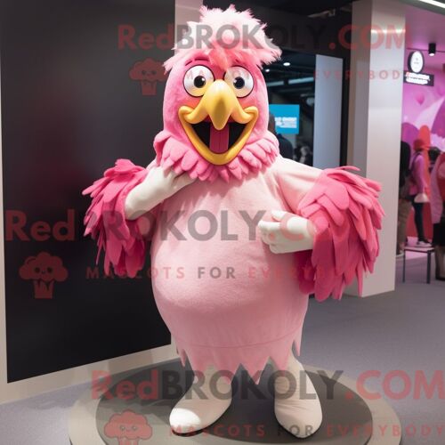 Personnage De Costume De Mascotte Redbrokoly De Coqs Roses Habillé Avec Une Jupe Trapèze Et Des Foulards