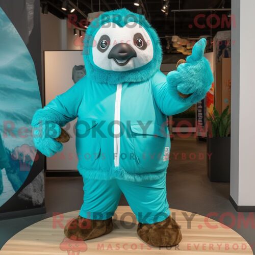 Costume De Mascotte Redbrokoly De Paresseux Géant Turquoise Habillé D Un Coupe-Vent Et De Mitaines