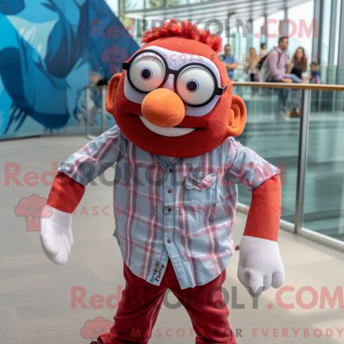Costume De Mascotte Redbrokoly De Poisson Clown Marron Habillé D Une Chemise En Chambray Et De Lunettes