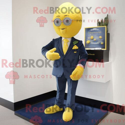 Costume De Mascotte Redbrokoly De Citron Bleu Marine Habillé Avec Une Veste De Costume Et Des Pochettes