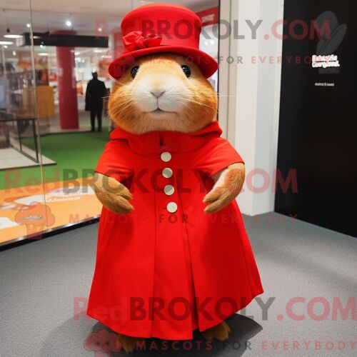 Costume De Mascotte Redbrokoly De Cochon D Inde Rouge Habillé D Une Robe Taille Empire Et De Chapeaux