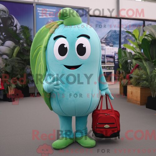 Personnage De Costume De Mascotte Redbrokoly De Haricot Vert Bleu Ciel Habillé Avec Un Pantalon Capri Et Des Sacs Messager