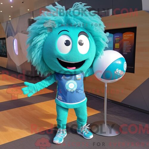 Costume De Mascotte Redbrokoly De Ballon De Volley-Ball Turquoise Personnage Habillé D Une Combishort Et De Pinces À Cheveux