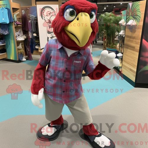 Personnage De Costume De Mascotte Redbrokoly D Ara Marron Habillé Avec Une Chemise En Flanelle Et Des Lacets De Chaussures