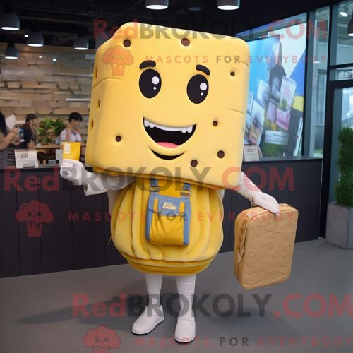 Personnage De Costume De Mascotte Redbrokoly De Sandwich Au Fromage Grillé Jaune Citron Habillé Avec Une Salopette Et Des Sacs À Main