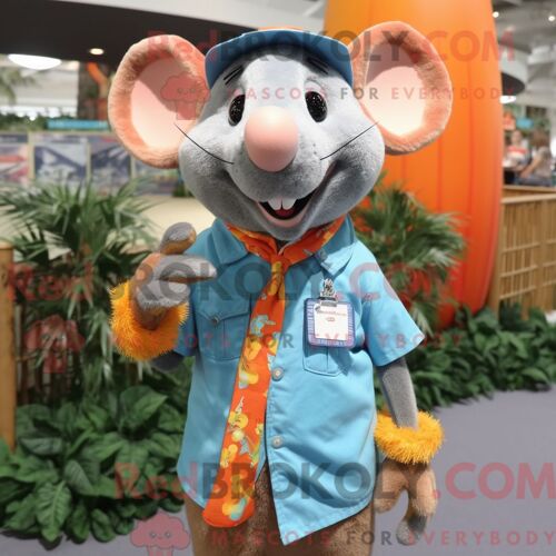 Costume Mascotte Redbrokoly De Rat Orange Habillé D Une Chemise En Chambray Et De Bracelets