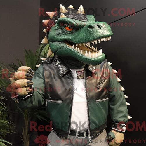 Costume De Mascotte Redbrokoly De Stégosaure Vert Forêt Personnage Habillé D Une Veste De Moto Et D Épingles À Chapeau