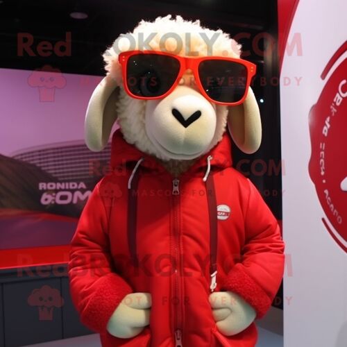 Personnage De Costume De Mascotte Redbrokoly De Mouton Rouge Habillé D'une Parka Et De Lunettes De Soleil