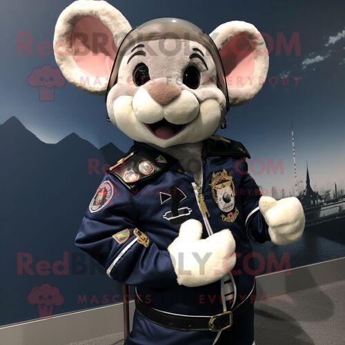 Personnage De Costume De Mascotte Redbrokoly De Souris Bleu Marine Habillé D'une Veste De Moto Et De Châles