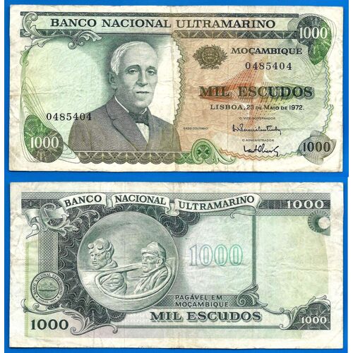 Mozambique 1000 Escudos 1972 Ultramarine Billet Colonie Portugal Rare Sans Surcharge 