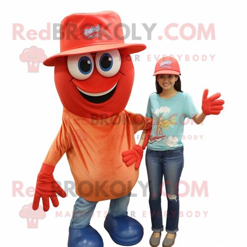 Personnage De Costume De Mascotte Redbrokoly De Crevette Rouge Scampi Habillé Avec Un Jean Et Des Chapeaux De Maman