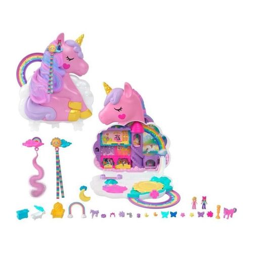 Polly Pocket - Coffret Salon De Coiffure Licorne Arc-En-Ciel - Tête À Coiffer - 4 Ans Et +