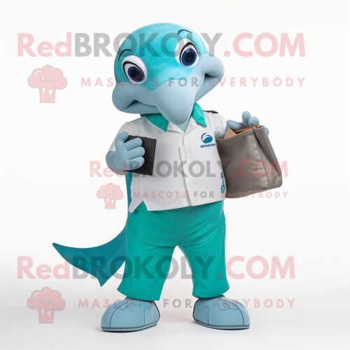 Personnage De Costume De Mascotte Redbrokoly De Dauphin Bleu Sarcelle Habillé D'un Bermuda Et De Portefeuilles