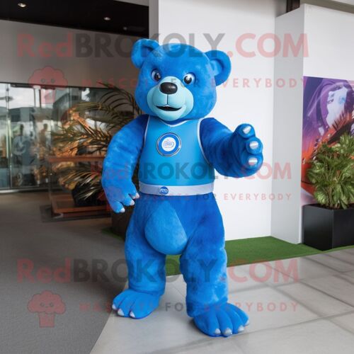 Mascotte Redbrokoly De Personnage D'ours Bleu Habillé D'un Rash Guard Et De Porte-Clés