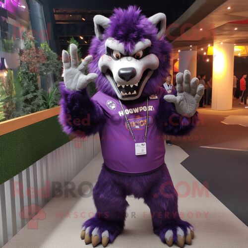 Personnage De Costume De Mascotte Redbrokoly De Loup-Garou Violet Habillé D'un T-Shirt À Manches Longues Et De Bracelets