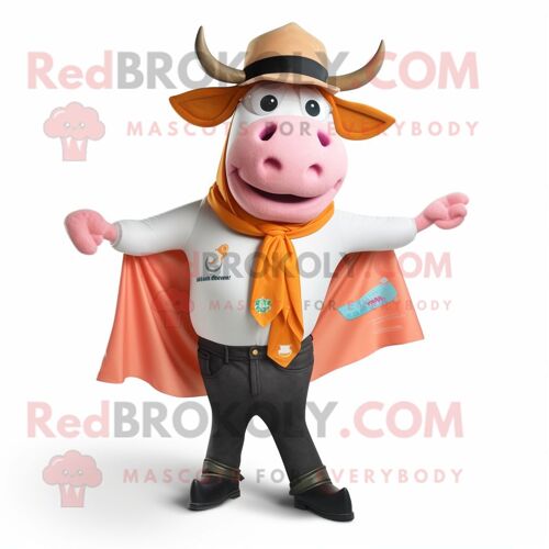 Personnage De Costume De Mascotte Redbrokoly Peach Bull Habillé Avec Un Gilet Et Des Écharpes
