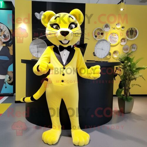 Personnage De Costume De Mascotte Redbrokoly De Panthère Jaune Citron Habillé D'un Smoking Et De Bracelets De Cheville
