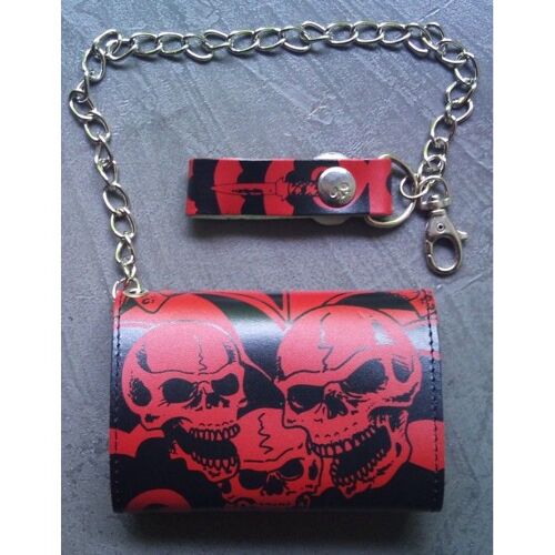 portefeuille cuir noir crane et cran d'arret rouge + chaine