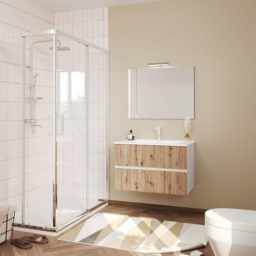 MEUBLE DE SALLE DE BAINS SUSPENDU 80CM BLANC ET CHÊNE CANALETTO, MIROIR 80X60 | SALINA