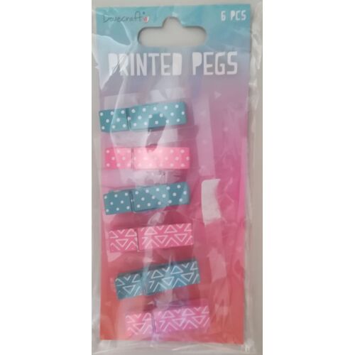 6 Minis Pince A Linge Bois Imprimé - 3 Rose, 3 Bleue - Décoration, Photo, Scrapbooking...