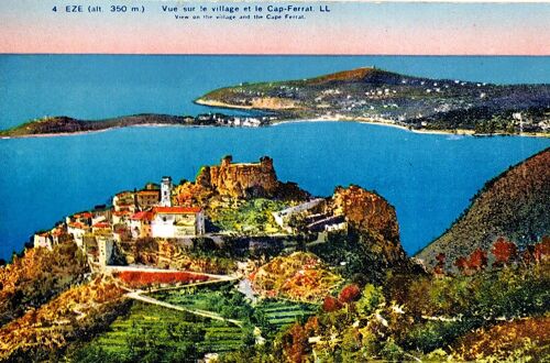 Carte Postale Ancienne, France, Alpes Maritimes ( 06 ), Eze, Vue Sur Le Village Et Le Cap Ferrat