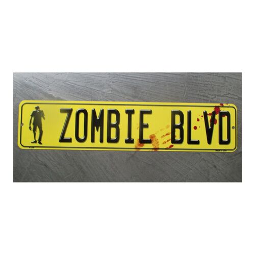 Plaque De Rue Zombie Blvd Jaune Danger 46x10cm Tole Publicitaire Humour