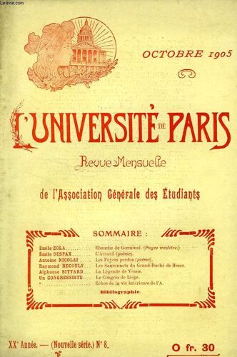 L'universite De Paris, 20e Annee, N° 8 (Nouvelle Serie), Oct. 1905