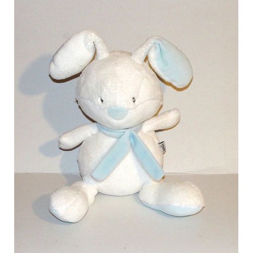 Doudou Lapin Blanc Et Bleu Babysun Peluche Lapin Assis 26 Cm