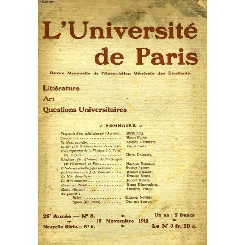 L'universite De Paris, 28e Annee, N° 8, Nov. 1912