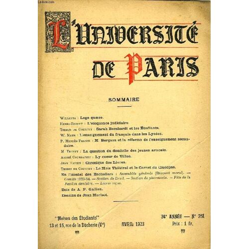 L'universite De Paris, 34e Annee, N° 251, Avril 1923