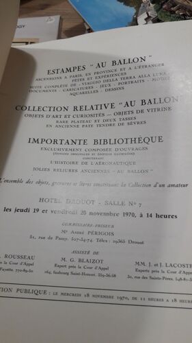 Collection D'un Amateur Sur L'aéronautique - Estampes "Au Ballon" - Objet D'art - Importante Bibliothèque - 19 Et 20 Novembre 1970