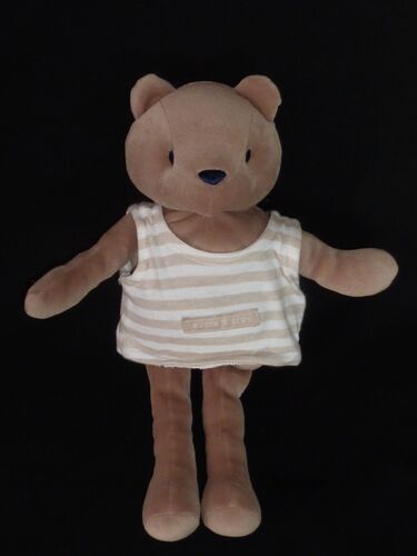 Doudou Peluche Ours Marron Veste Ecru Rayé Beige Sucre D'orge