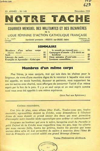 Notre Tache, Courrier Mensuel Des Militantes Et Des Dizainieres, 15e Annee, N° 145, Dec. 1943