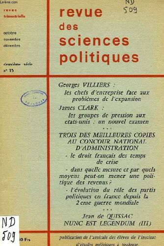 Revue Des Sciences Politiques, 2e Serie, N° 15, 1965