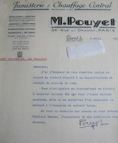 Lettre : M. Pouyet, Fumisterie & Chauffage Central. 1938