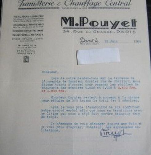 Lettre : M. Pouyet, Fumisterie & Chauffage Central. 1939