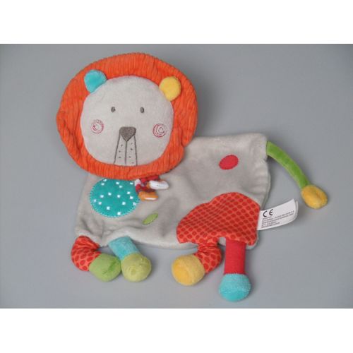 Doudou lion plat Nicotoy gris orange rouge bleu vert