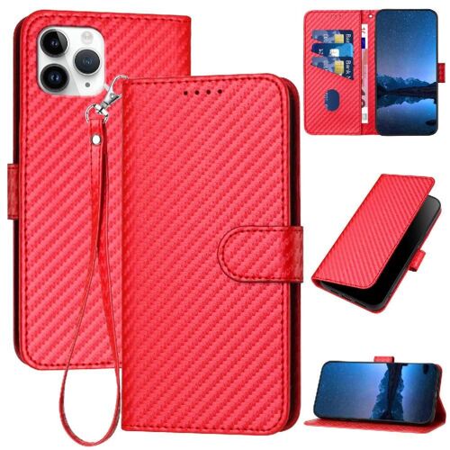 Flip Étui Pour Iphone 11 Pro Avec Sangle Détachable Avec Fente Pour Carte Et Béquille Surface De Fibre De Carbone Cuir Premium - Rouge