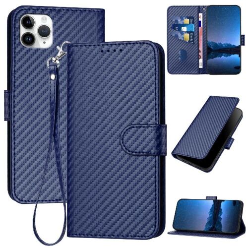 Flip Étui Pour Iphone 11 Pro Max Avec Fente Pour Carte Et Béquille Cuir Premium Surface De Fibre De Carbone Avec Sangle Détachable - Bleu