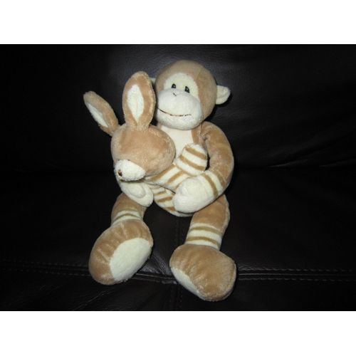 Doudou Peluche Singe Marron Et Hochet Lapin Marron Rayé