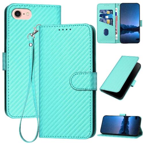 Flip Étui Pour Iphone 7/8 Avec Fente Pour Carte Et Béquille Surface De Fibre De Carbone Avec Sangle Détachable Cuir Premium - Vert