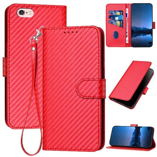 Flip Étui Pour Iphone 6 Plus/6s Plus Cuir Premium Surface De Fibre De Carbone Avec Fente Pour Carte Et Béquille Avec Sangle Détachable - Rouge