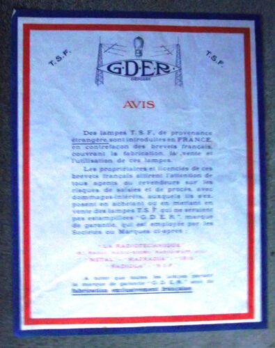 Petite Affichette G.D.E.R.Déposée T.S.F.Avis