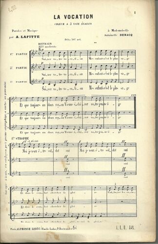 Partition : La Vocation, Choeur À 3 Voix Égales - Paroles Et Musique Par A. Lafitte